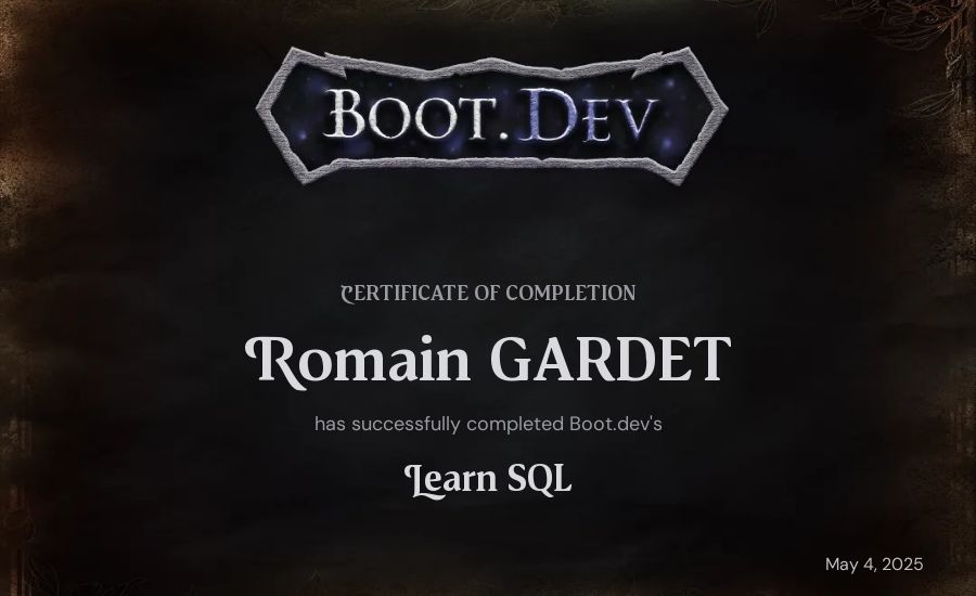 Romain GARDET's Boot.dev Learn SQL certificate