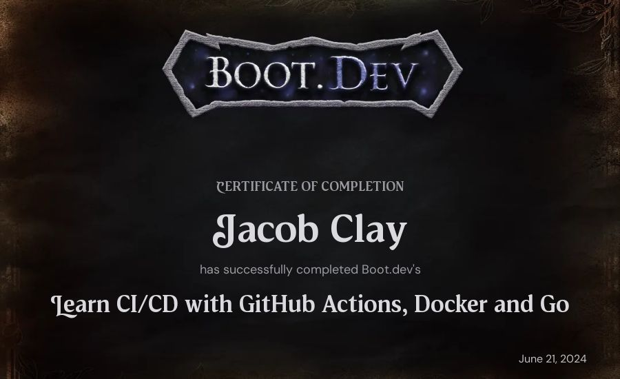 Jacob Clay's Boot.dev Learn CI/CD with GitHub Actions, Docker and Go certificate