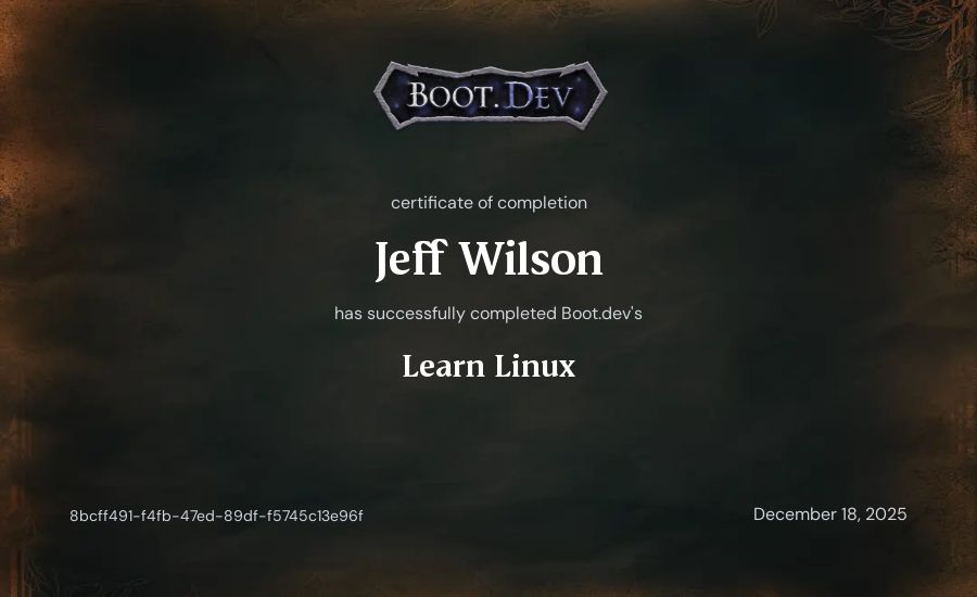 Jeff Wilson's Boot.dev Learn Linux certificate