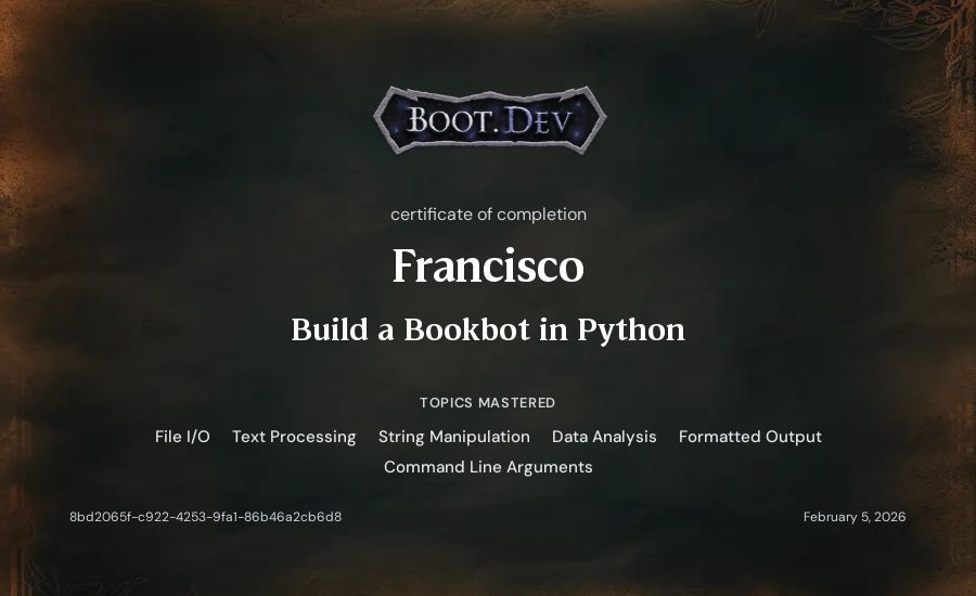 Francisco's Boot.dev Build a BookBot in Python certificate