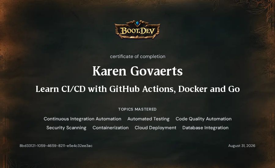 Karen Govaerts's Boot.dev Learn CI/CD with GitHub Actions, Docker and Go certificate