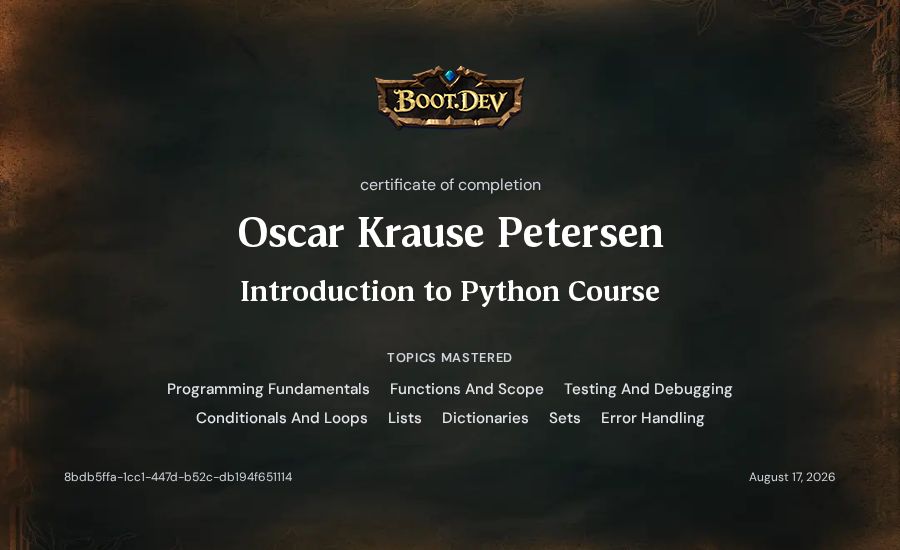 Oscar Krause Petersen's Boot.dev Introduction to Python Course certificate