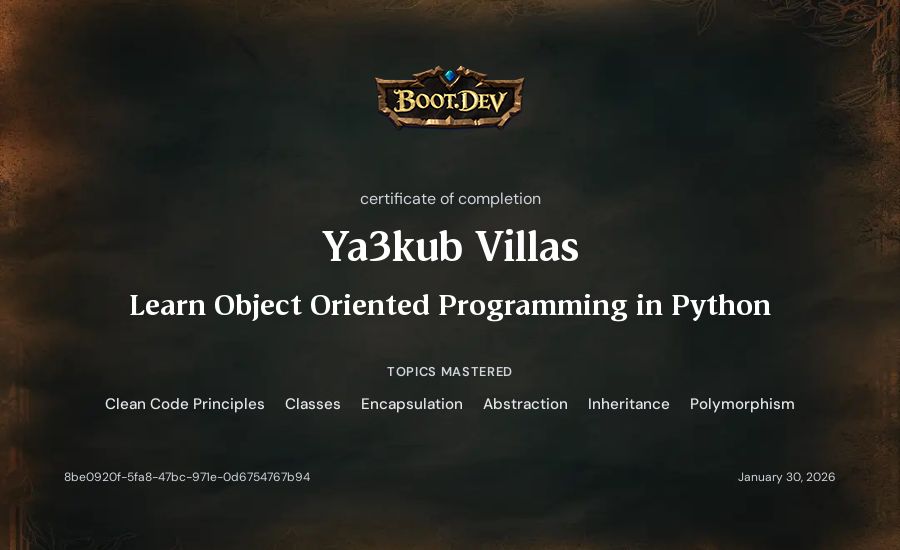 Ya3kub Villas's Boot.dev Learn Object Oriented Programming in Python certificate