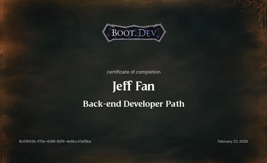 Jeff Fan's Boot.dev Backend Developer Path certificate