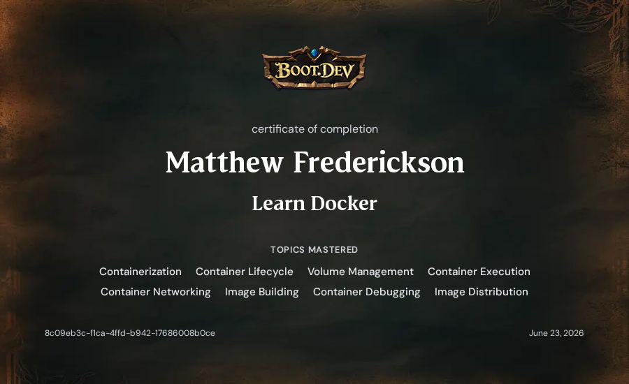 Matthew Frederickson's Boot.dev Learn Docker certificate