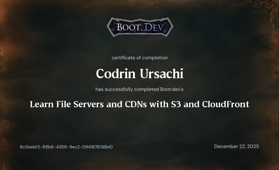 Codrin Ursachi's Boot.dev Learn File Servers and CDNs with S3 and CloudFront certificate