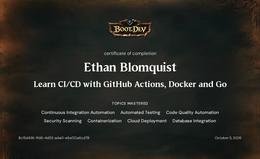 Ethan Blomquist's Boot.dev Learn CI/CD with GitHub Actions, Docker and Go certificate