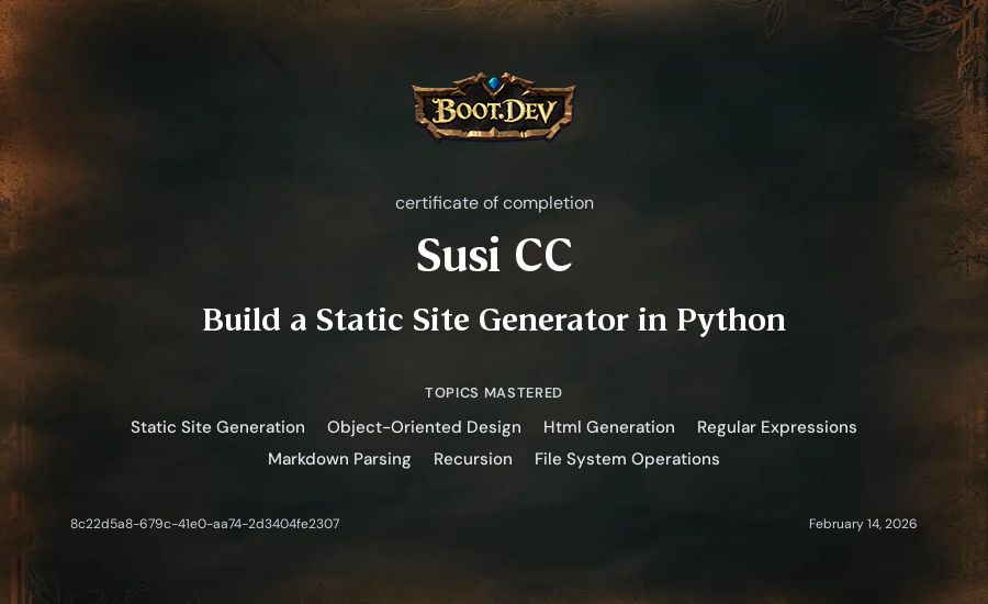 Susi CC's Boot.dev Build a Static Site Generator in Python certificate