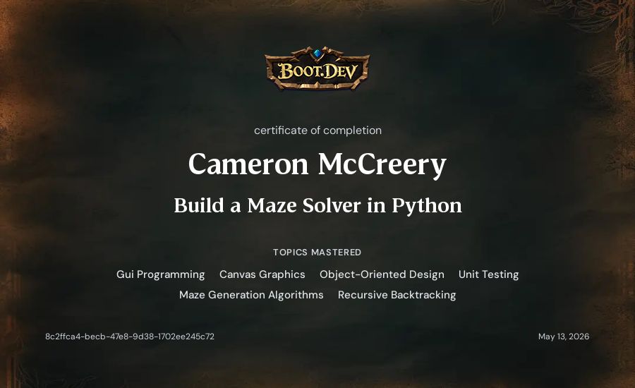 Cameron McCreery's Boot.dev Build a Maze Solver in Python certificate