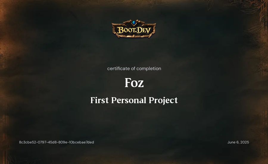 Foz's Boot.dev First Personal Project certificate