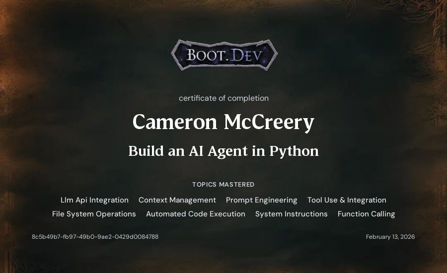 Cameron McCreery's Boot.dev Build an AI Agent in Python certificate