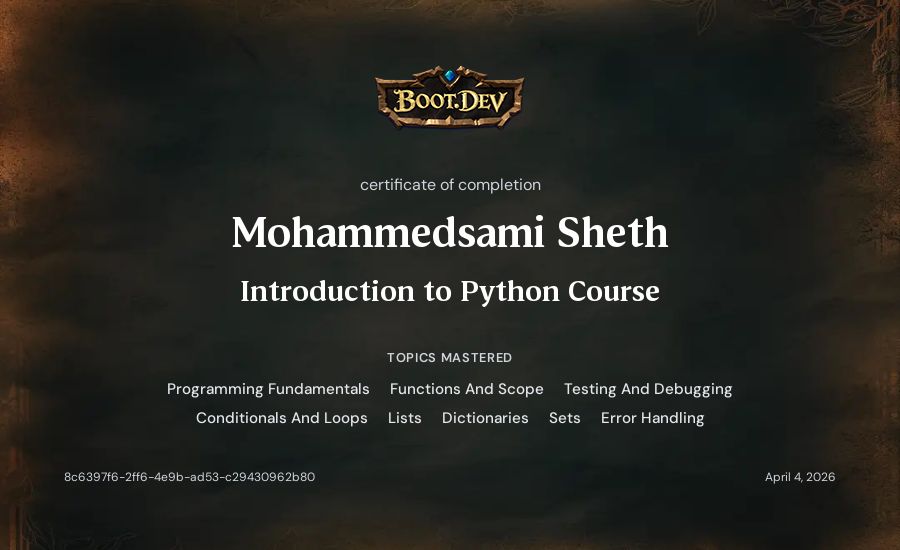 Mohammedsami Sheth's Boot.dev Introduction to Python Course certificate