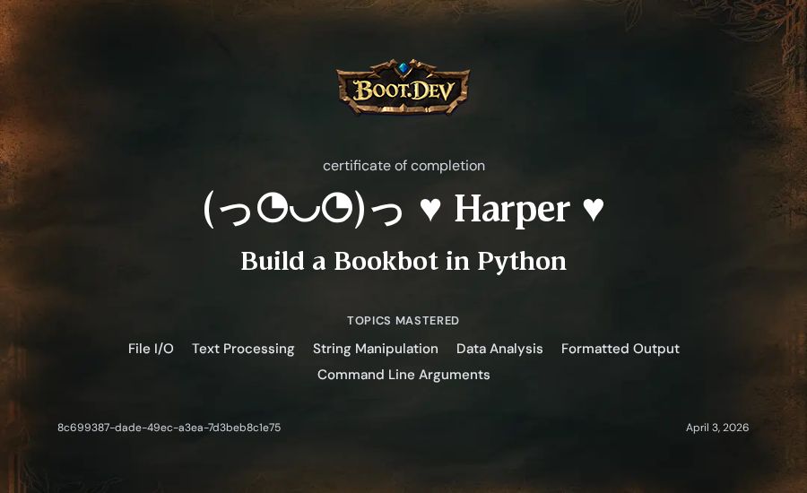 Saleh Rammah's Boot.dev Build a BookBot in Python certificate