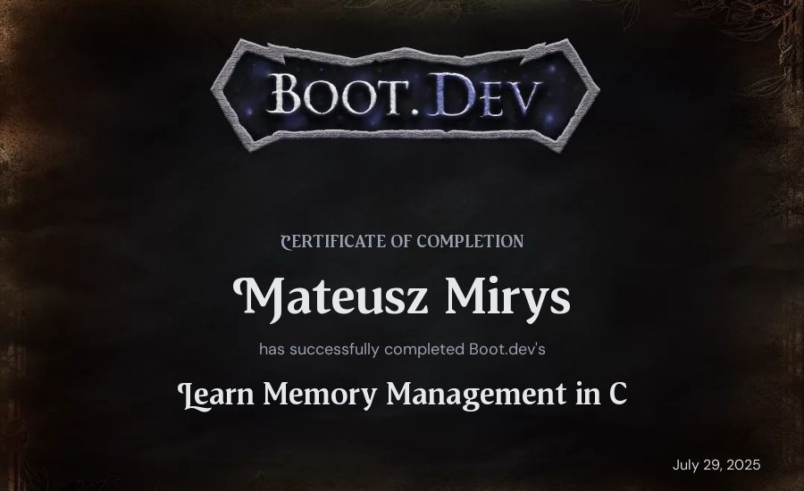 Mateusz Mirys's Boot.dev Learn Memory Management in C certificate