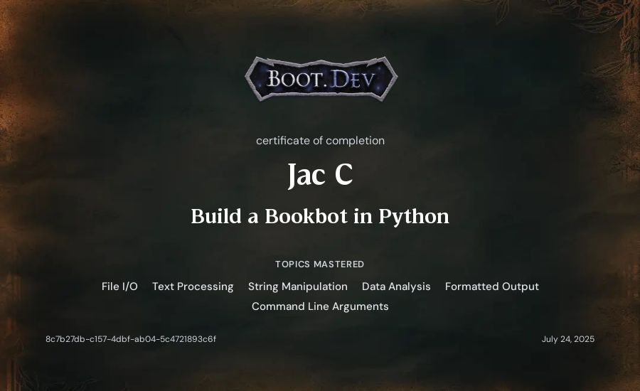 Jac C's Boot.dev Build a BookBot in Python certificate