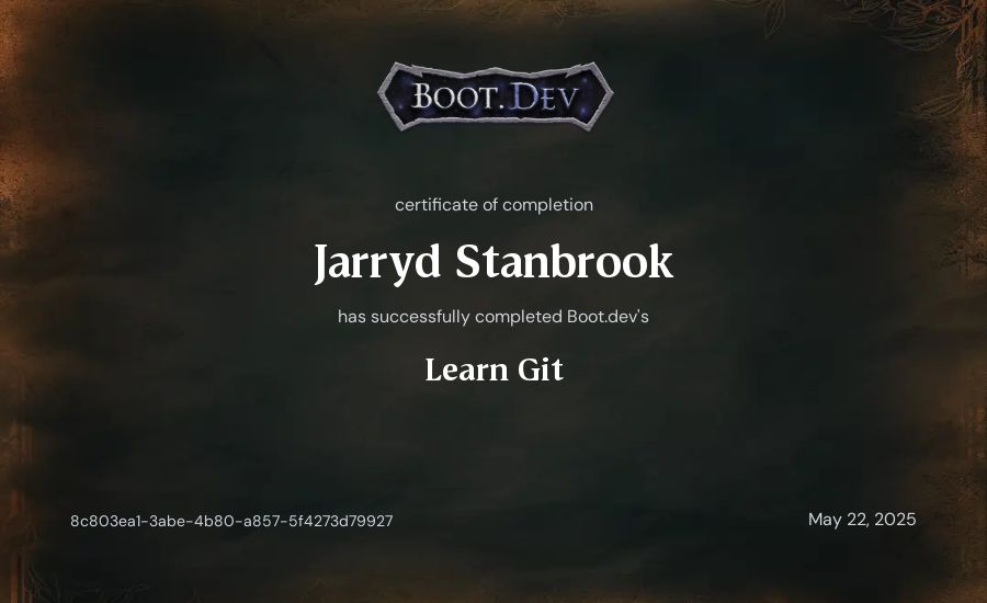 Jarryd Stanbrook's Boot.dev Learn Git certificate