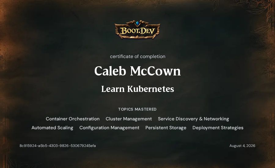 Caleb McCown's Boot.dev Learn Kubernetes certificate
