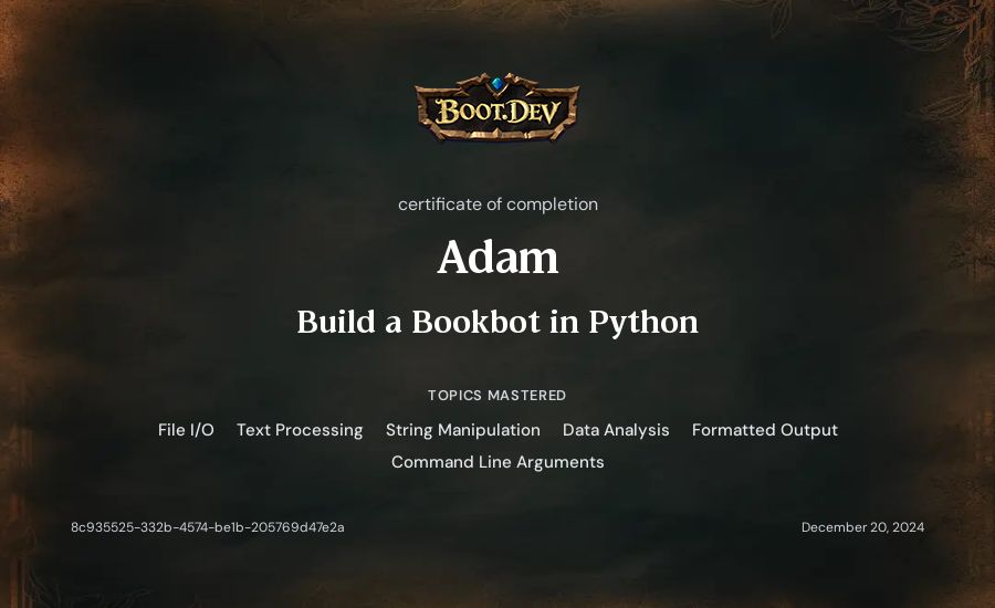 Adam's Boot.dev Build a BookBot in Python certificate
