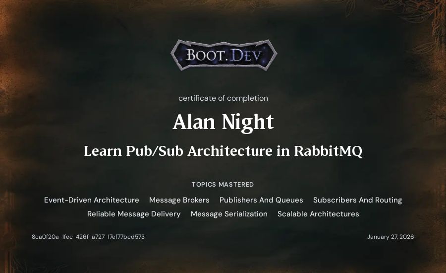 Alan Night's Boot.dev Learn Pub/Sub in RabbitMQ and Go certificate