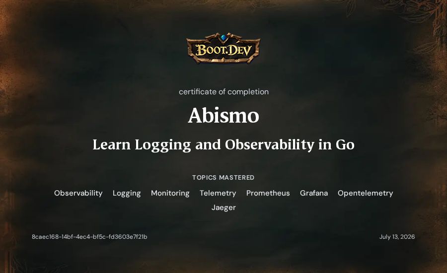 Abismo's Boot.dev Learn Logging and Observability in Go certificate