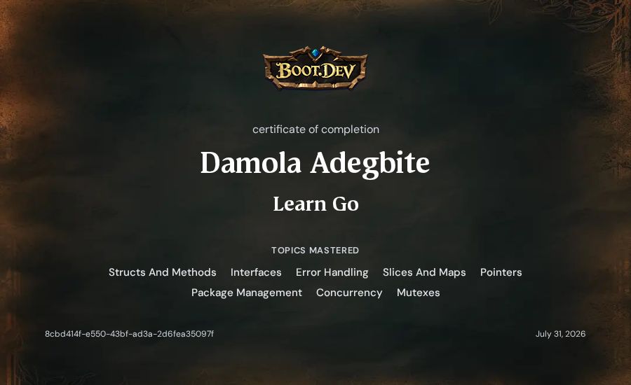 Damola Adegbite's Boot.dev Learn Go certificate