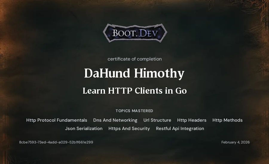 DaHund Himothy's Boot.dev Learn HTTP Clients in Go certificate