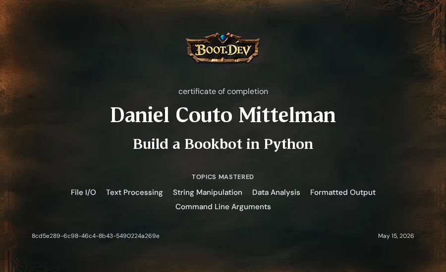 Daniel Couto Mittelman's Boot.dev Build a BookBot in Python certificate