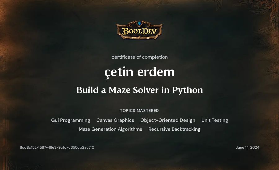 çetin erdem's Boot.dev Build a Maze Solver in Python certificate