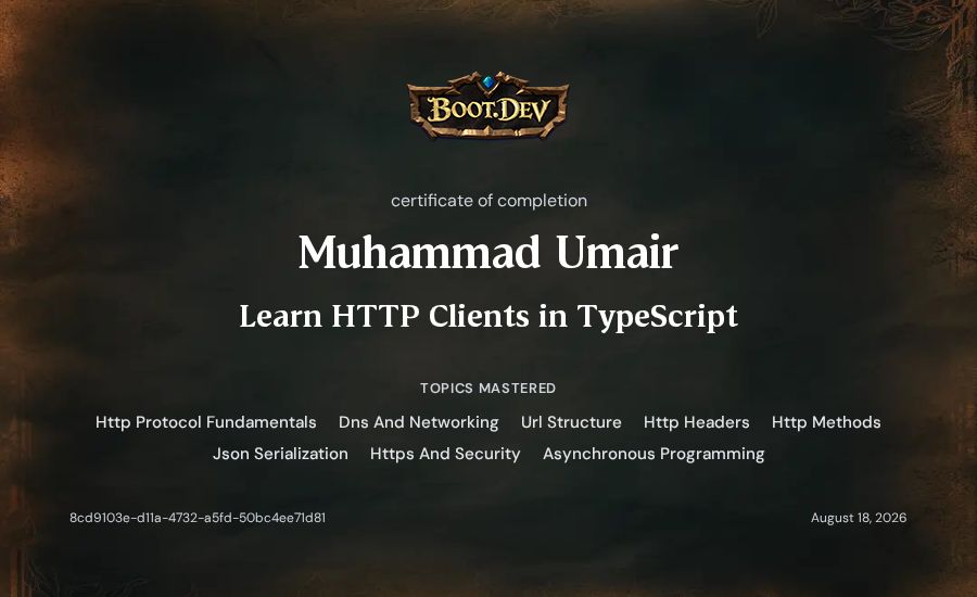 Muhammad Umair's Boot.dev Learn HTTP Clients in TypeScript certificate