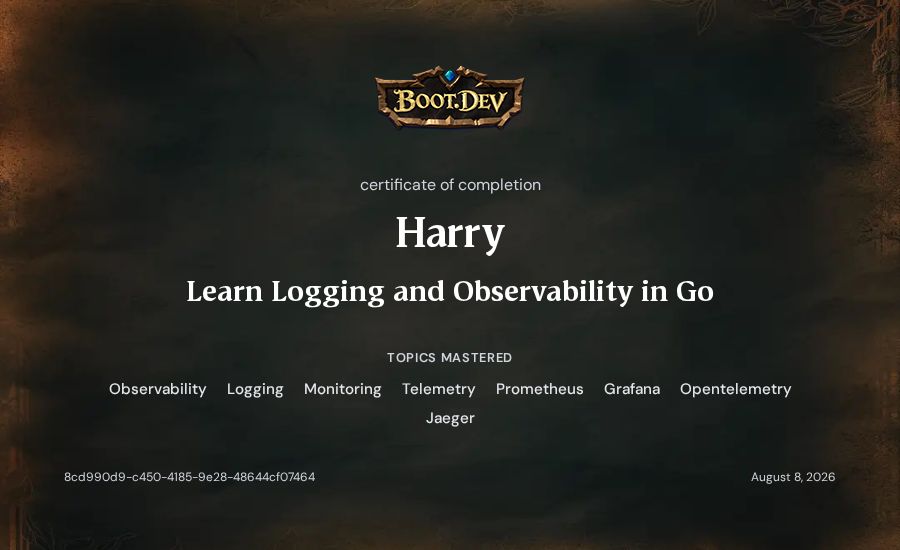 Harry's Boot.dev Learn Logging and Observability in Go certificate