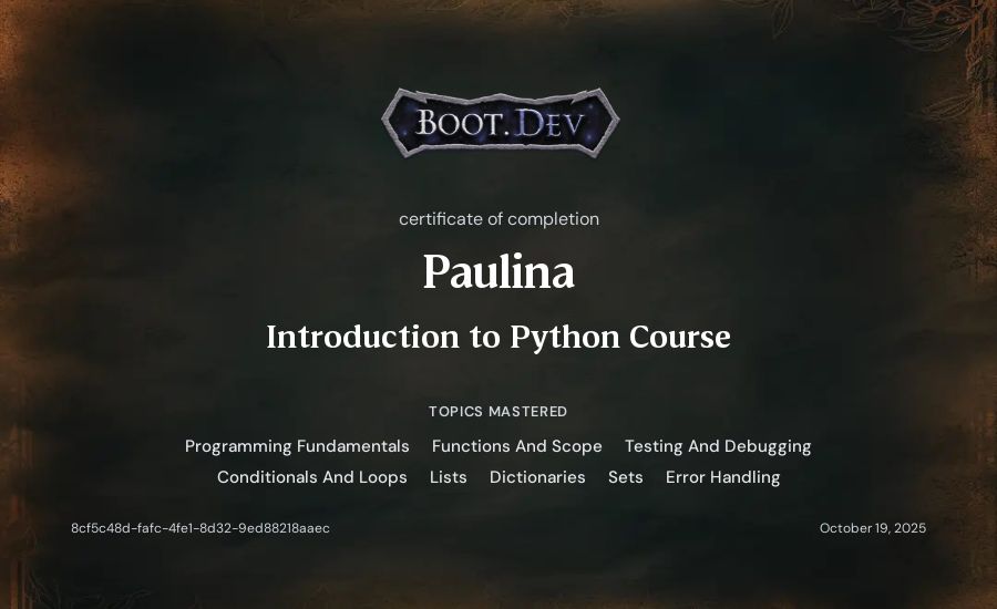 Paulina's Boot.dev Introduction to Python Course certificate