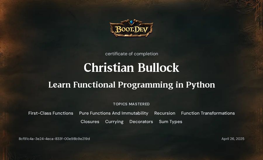 Christian Bullock's Boot.dev Learn Functional Programming in Python certificate
