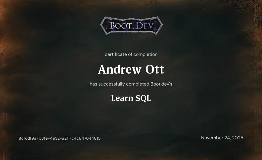 Andrew Ott's Boot.dev Learn SQL certificate