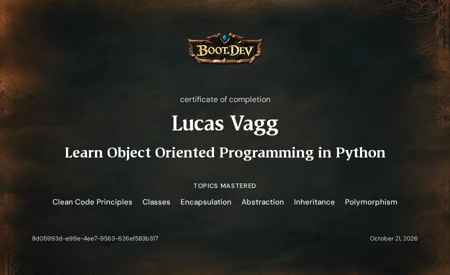 Lucas Vagg's Boot.dev Learn Object Oriented Programming in Python certificate