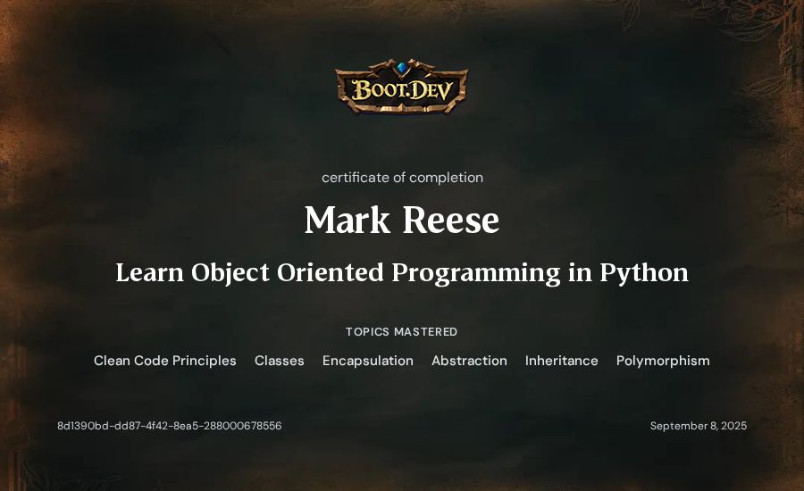 Mark Reese's Boot.dev Learn Object Oriented Programming in Python certificate