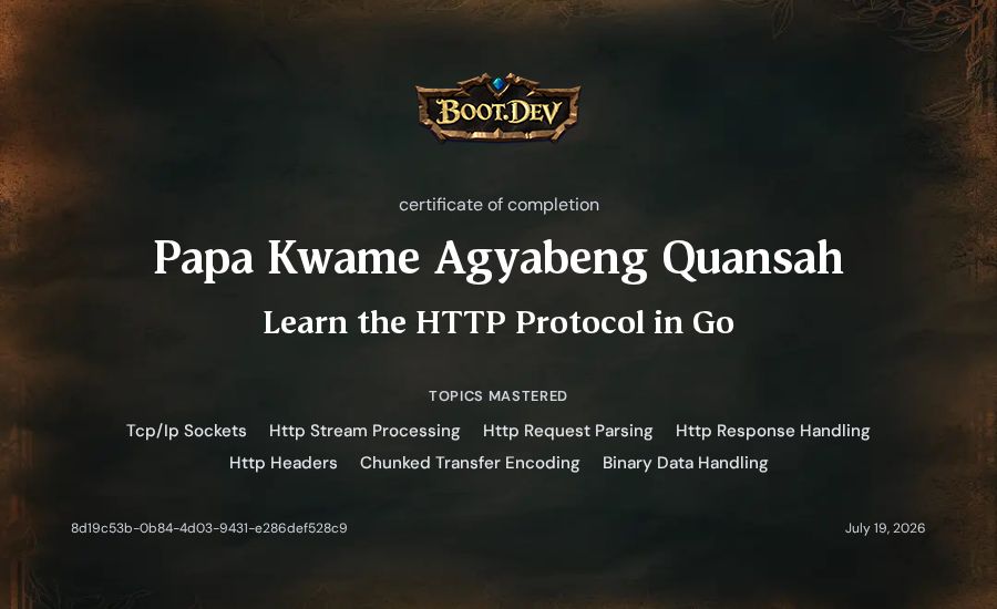 Papa Kwame Agyabeng Quansah's Boot.dev Learn the HTTP Protocol in Go certificate
