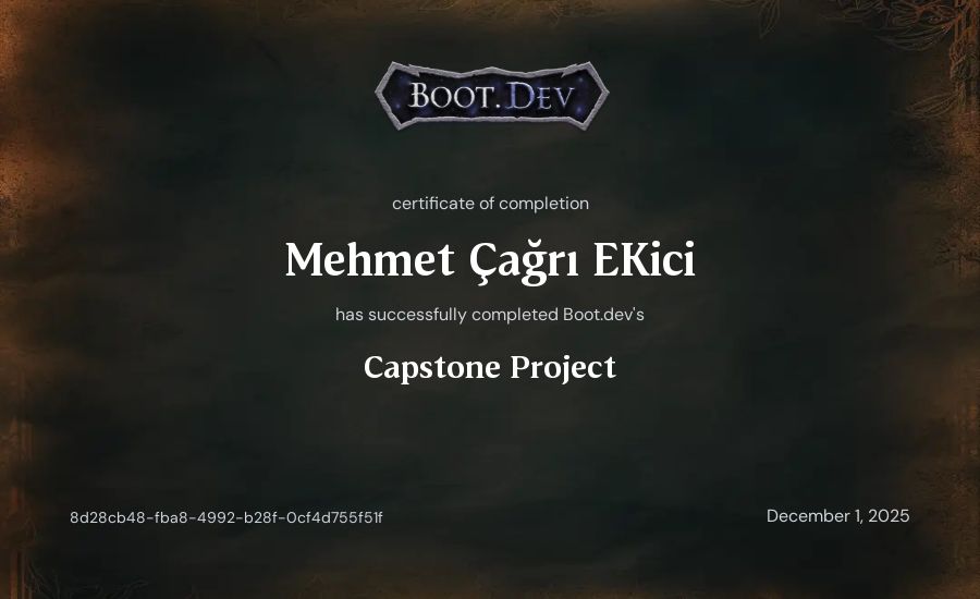 Mehmet Çağrı Ekici's Boot.dev Capstone Project certificate
