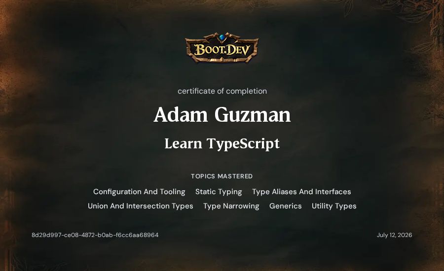 Adam Guzman's Boot.dev Learn TypeScript certificate