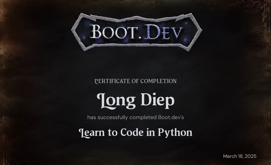 Long Diep's Boot.dev Introduction to Python Course certificate