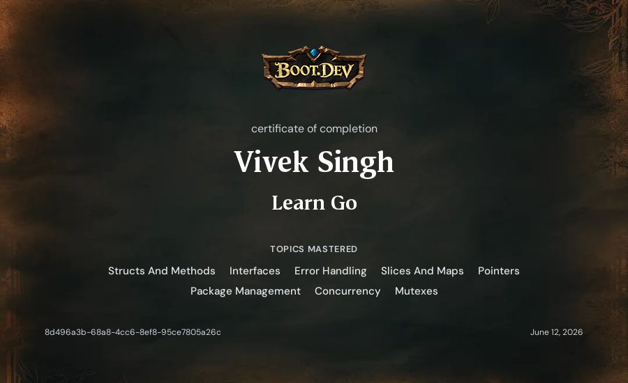 Vivek Singh's Boot.dev Learn Go certificate