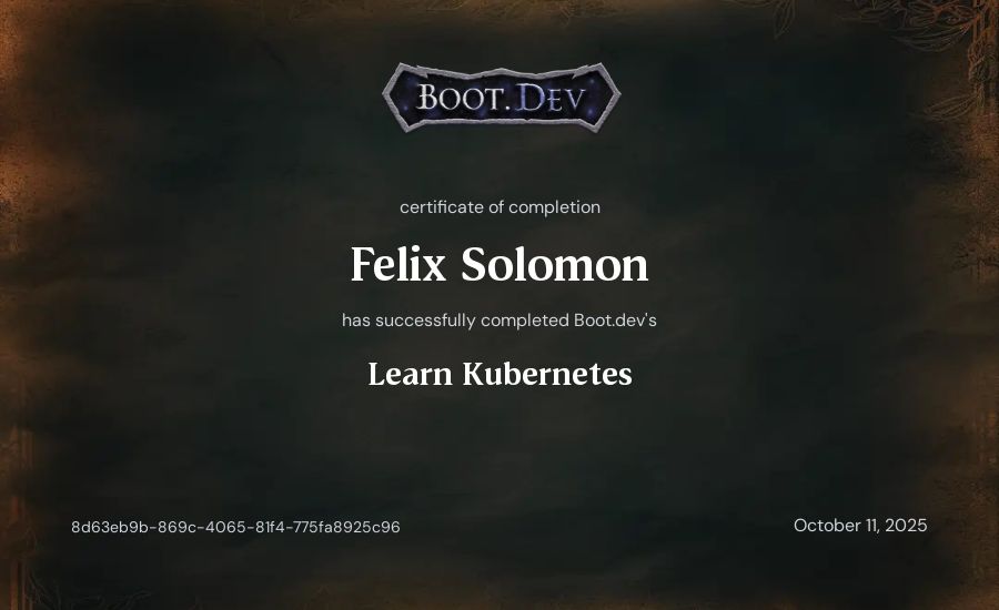 Felix Solomon's Boot.dev Learn Kubernetes certificate