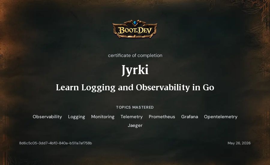 Jyrki's Boot.dev Learn Logging and Observability in Go certificate
