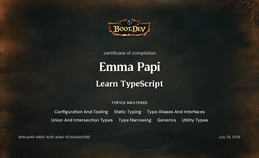 Emma Papi's Boot.dev Learn TypeScript certificate