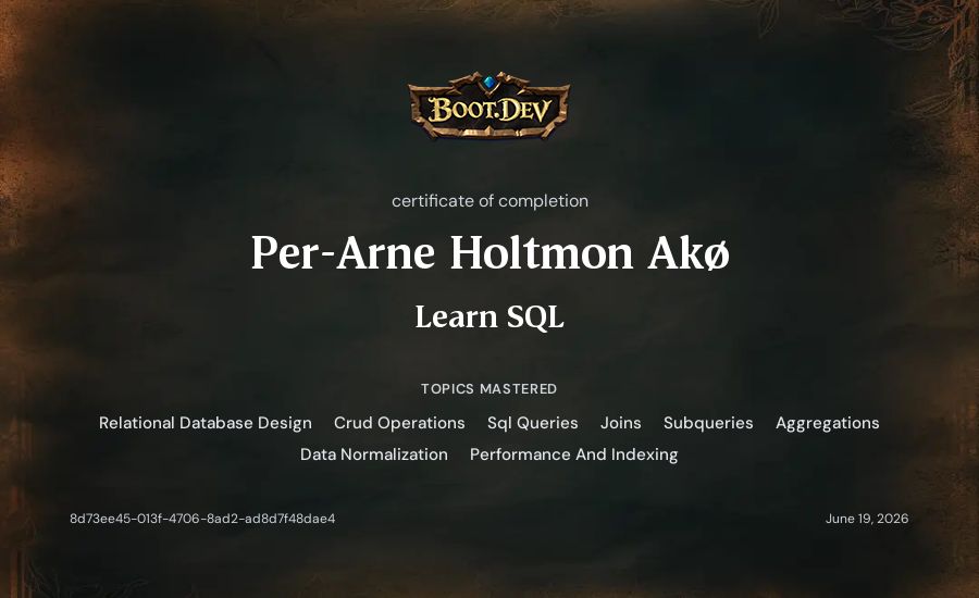 Per-Arne Holtmon Akø's Boot.dev Learn SQL certificate