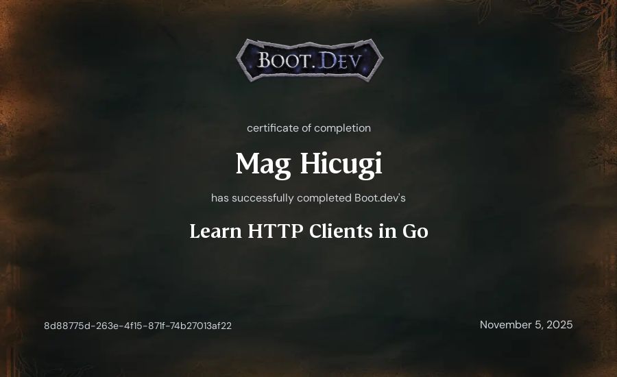 Mag Hicugi's Boot.dev Learn HTTP Clients in Go certificate