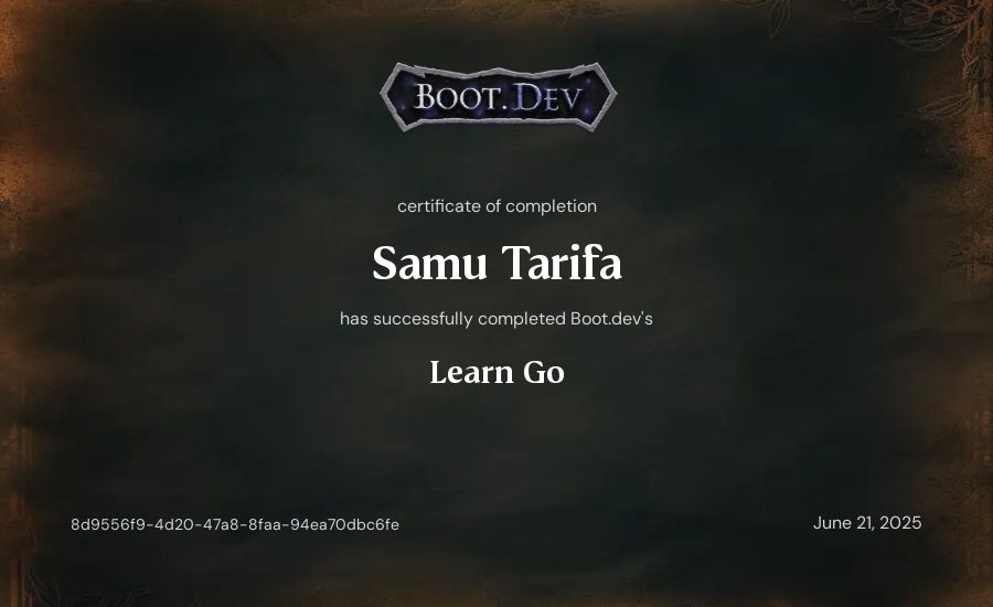 Samu Tarifa's Boot.dev Learn Go certificate