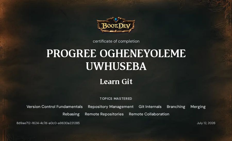 PROGREE OGHENEYOLEME UWHUSEBA's Boot.dev Learn Git certificate