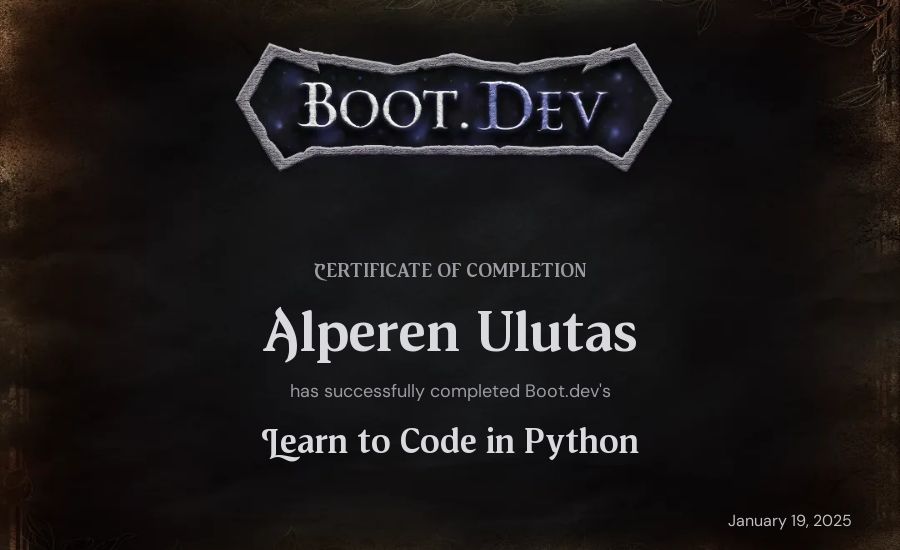 Alperen Ulutas's Boot.dev Introduction to Python Course certificate