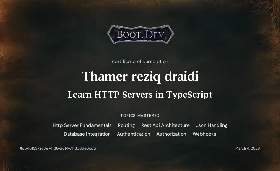 Thamer reziq draidi's Boot.dev Learn HTTP Servers in TypeScript certificate
