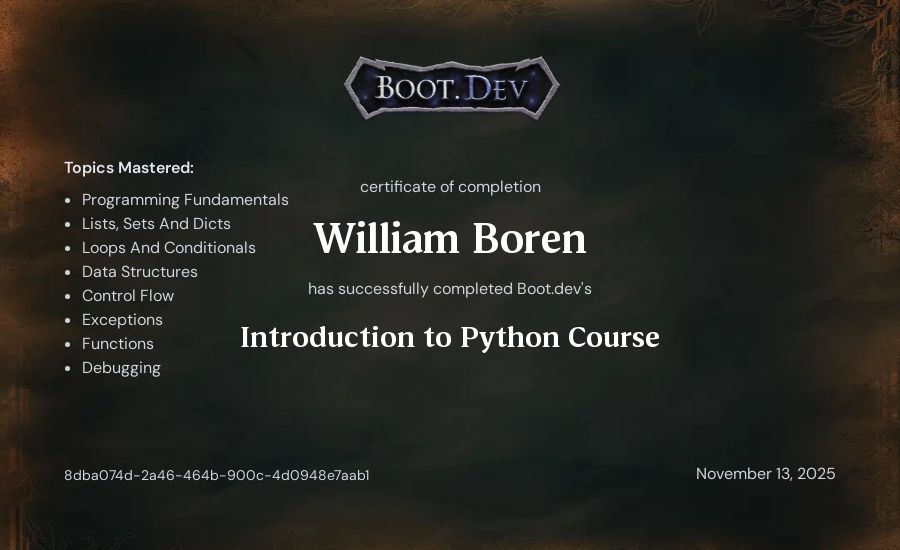 Cole Boren's Boot.dev Introduction to Python Course certificate